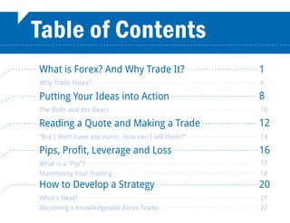 Table of Contents
    ...........................................................................................................




.   ..
       .   .. . . . . . . . . .   What is Forex? And Why Trade It? . . . . . . . . . . . . . . . . . . . . . . . . . . 1
                                  Why Trade Forex?                  ............................................................                                                6

.   ..
       .   .. . . . . . . . . .   Putting Your Ideas into Action . . . . . . . . . . . . . . . . . . . . . . . . . . . . . . . 8
                                  The Bulls and the Bears                       ......................................................                                          10

.   ..
       .   .. . . . . . . . . .   Reading a Quote and Making a Trade . . . . . . . . . . . . . . . . . . . . 12
                                  “But I don’t have any euros. How can I sell them?”                                              .................... .....                    14

.   ..
       .   .. . . . . . . . . .   Pips, Profit, Leverage and Loss . . . . . . . . . . . . . . . . . . . . . . . . . . . . . . . 16
                                  What is a “Pip”? . . . . . . . . . . . . . . . . . . . . . . . . . . . . . . . . . . . . . . . . . . . . . . . . . . . . . . . . . . . . . . . 17
                                  Maximizing Your Trading . . . . . . . . . . . . . . . . . . . . . . . . . . . . . . . . . . . . . . . . . . . . . . . . . . . . . 18

.   ..
       .   .. . . . . . . . . .   How to Develop a Strategy . . . . . . . . . . . . . . . . . . . . . . . . . . . . . . . . . . . . . . 20
                                  What’s Next? . . . . . . . . . . . . . . . . . . . . . . . . . . . . . . . . . . . . . . . . . . . . . . . . . . . . . . . . . . . . . . . . . . 21
                                  Becoming a Knowledgeable Forex Trader . . . . . . . . . . . . . . . . . . . . . . . . . . . . . . . . . . . . 22
 