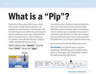 www.fxcm.com . . . . . . . . . . . . . . . . . . . . . . . . . . . . . . . . . . . . . . . . . . . . . . . . . . . . . . Pips, Profit, Leverage, and Loss . . . . .




                                                                                                                                                                 .....
       What is a “Pip”?
       A pip is the unit you count profit or loss in. Most                          The monetary value of a pip can vary according to the
       currency pairs, except Japanese yen pairs, are                               size of your trade and the currency you are trading.
       quoted to four decimal places. This fourth spot after                        FXCM demo accounts typically trade in increments or
       the decimal point (at one 100th of a cent) is typically                      “lots” of 10,000. A pip in a standard demo account in
       what one watches to count “pips”. Every point that                           EUR/USD is worth $1.00 per lot. If you were trading 3
       place in the quote moves is 1 pip of movement.                               lots, you would have 3 pips of profit or loss per pip the
       For example, if the EUR/USD rises from 1.4022 to                             EUR/USD moves, and, therefore, $3.00 of profit or loss.
       1.4027, the EUR/USD has risen 5 pips.
                                                                                    Some currency pairs will have different pip values.
       Stock indices have “points”, futures
                                                                                    FOR EXAMPLE: The EUR/JPY pips are valued in
       have “ticks”, forex has “pips”.
                                                                                    Japanese yen. USD/CAD pips are in Canadian dollars,
                                   The Pip                                          and so on. Once again, your trading station makes it
                                                                                    all simple by doing the math for you.
         EUR/USD                14:57:21
         L:1.53088        2.4    H:1.55039

        RollS:-10.00 10.00       RollB:6.00


         1.53   21 0        1.53   23 5
           Sell      10              Buy




                                                                                                                     FXCM GUIDE TO FOREX TRADING           17
 