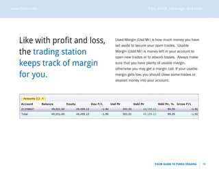 www.fxcm.com . . . . . . . . . . . . . . . . . . . . . . . . . . . . . . . . . . . . . . . . . . . . . . . . . . . . . . Pips, Profit, Leverage, and Loss . . . . .




                                                                                                                                                                 .....
       Like with profit and loss,                                                    Used Margin (Usd Mr) is how much money you have
                                                                                     set aside to secure your open trades. Usable

       the trading station                                                           Margin (Usbl Mr) is money left in your account to
                                                                                     open new trades or to absorb losses. Always make
       keeps track of margin                                                         sure that you have plenty of usable margin,
                                                                                     otherwise you may get a margin call. If your usable
       for you.                                                                      margin gets low, you should close some trades or
                                                                                     deposit money into your account.




                                                                                                                     FXCM GUIDE TO FOREX TRADING           19
 