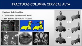 Fracturas de Odontoides
• Clasificación de Anderson - D’Alonso
• 14% de todas las fracturas cervicales.
FRACTURAS COLUMNA CERVICAL ALTA
 