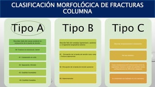 CLASIFICACIÓN MORFOLÓGICA DE FRACTURAS
COLUMNA
Tipo A
Describen daño del cuerpo vertebral sin
compromiso de la banda de tensión.
A0: Fractura no estructural, menor
A1: Compresión en cuña
A2: Separación, División
A3: Estallido incompleto
A4: Estallido Completo
Tipo B
Describe falla del complejo ligamentario posterior
o el ligamento longitudinal anterior.
B1: Disrupción de la banda de tensión trans-osea
/ Fractura oportunista
B2: Disrupción de la banda de tensión posterior
B3: Hiperextensión
Tipo C
Describe desplazamiento o dislocación.
No hay subtipos.
Como consecuencia de la disociación entre los
segmentos craneal y caudal son posibles varias
configuraciones en diferentes imágenes.
Es combinada con Subtipos A si es necesario.
 