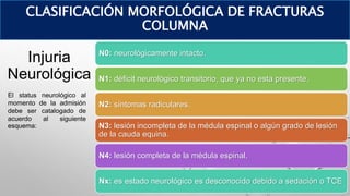 Injuria
Neurológica
CLASIFICACIÓN MORFOLÓGICA DE FRACTURAS
COLUMNA
N0: neurológicamente intacto.
N1: déficit neurológico transitorio, que ya no esta presente.
N2: síntomas radiculares.
N3: lesión incompleta de la médula espinal o algún grado de lesión
de la cauda equina.
N4: lesión completa de la médula espinal.
Nx: es estado neurológico es desconocido debido a sedación o TCE
El status neurológico al
momento de la admisión
debe ser catalogado de
acuerdo al siguiente
esquema:
 