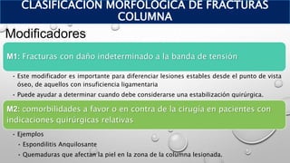 Modificadores
CLASIFICACIÓN MORFOLÓGICA DE FRACTURAS
COLUMNA
M1: Fracturas con daño indeterminado a la banda de tensión
• Este modificador es importante para diferenciar lesiones estables desde el punto de vista
óseo, de aquellos con insuficiencia ligamentaria
• Puede ayudar a determinar cuando debe considerarse una estabilización quirúrgica.
M2: comorbilidades a favor o en contra de la cirugía en pacientes con
indicaciones quirúrgicas relativas
• Ejemplos
• Espondilitis Anquilosante
• Quemaduras que afectan la piel en la zona de la columna lesionada.
 