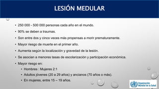 • 250 000 - 500 000 personas cada año en el mundo.
• 90% se deben a traumas.
• Son entre dos y cinco veces más propensas a morir prematuramente.
• Mayor riesgo de muerte en el primer año.
• Aumenta según la localización y gravedad de la lesión.
• Se asocian a menores tasas de escolarización y participación económica.
• Mayor riesgo en:
• Hombres : Mujeres 2:1
• Adultos jóvenes (20 a 29 años) y ancianos (70 años o más).
• En mujeres, entre 15 – 19 años.
LESIÓN MEDULAR
 