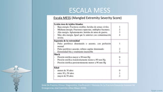 ESCALA MESS
Guía De Practica Clínica: Diagnostico, Clasificación Y Manejo De La Fractura Expuesta Hospital De
Emergencias José Casimiro Ulloa (Mayo 2018).
 