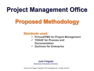 Proposed Methodology
Josh Folgado
Business Enterprise Architect
Project Management Office
Standards used:
 Prince2/PM2 for Project Management
 TOGAF for Process and
Documentation
 Zachman for Enterprise
Done by Josh Folgado. Copyright © 2014 joshfolgado.com . All rights reserved.
 