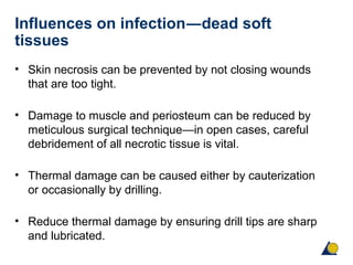 Influences on infection―dead soft
tissues
• Skin necrosis can be prevented by not closing wounds
that are too tight.
• Damage to muscle and periosteum can be reduced by
meticulous surgical technique—in open cases, careful
debridement of all necrotic tissue is vital.
• Thermal damage can be caused either by cauterization
or occasionally by drilling.
• Reduce thermal damage by ensuring drill tips are sharp
and lubricated.
 