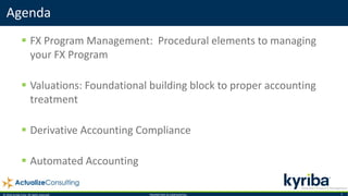 © 2016 Kyriba Corp. All rights reserved. PROPRIETARY & CONFIDENTIAL. 3
 FX Program Management: Procedural elements to managing
your FX Program
 Valuations: Foundational building block to proper accounting
treatment
 Derivative Accounting Compliance
 Automated Accounting
Agenda
 