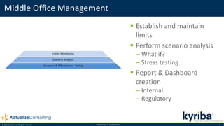 © 2016 Kyriba Corp. All rights reserved. PROPRIETARY & CONFIDENTIAL. 8
 Establish and maintain
limits
 Perform scenario analysis
– What if?
– Stress testing
 Report & Dashboard
creation
– Internal
– Regulatory
Middle Office Management
 