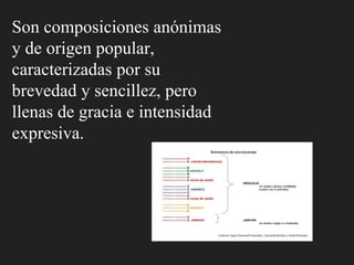 Son composiciones anónimas
y de origen popular,
caracterizadas por su
brevedad y sencillez, pero
llenas de gracia e intensidad
expresiva.
 
