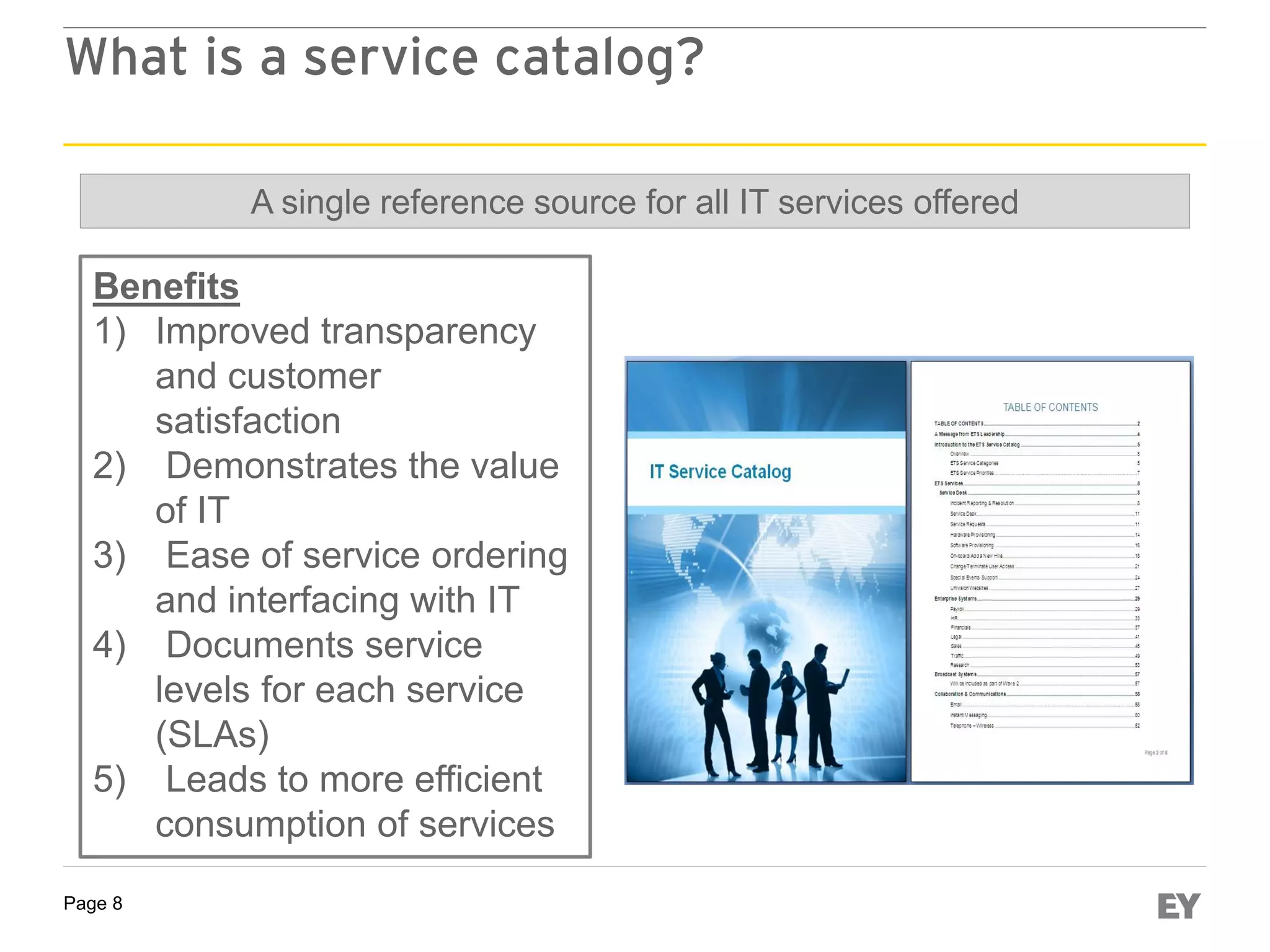 Page 8
What is a service catalog?
Benefits
1) Improved transparency
and customer
satisfaction
2) Demonstrates the value
of IT
3) Ease of service ordering
and interfacing with IT
4) Documents service
levels for each service
(SLAs)
5) Leads to more efficient
consumption of services
A single reference source for all IT services offered
 