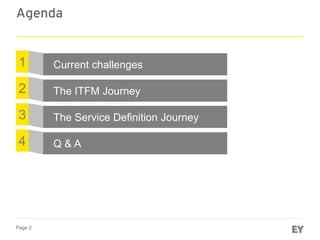 Page 2
Agenda
The ITFM Journey2
The Service Definition Journey3
1 Current challenges
Q & A4
 