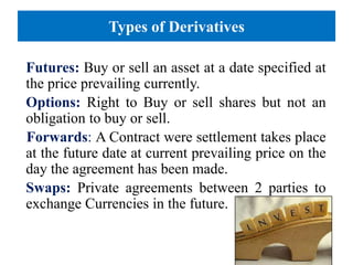 Types of Derivatives
Futures: Buy or sell an asset at a date specified at
the price prevailing currently.
Options: Right to Buy or sell shares but not an
obligation to buy or sell.
Forwards: A Contract were settlement takes place
at the future date at current prevailing price on the
day the agreement has been made.
Swaps: Private agreements between 2 parties to
exchange Currencies in the future.

 