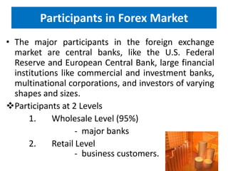 Participants in Forex Market
• The major participants in the foreign exchange
market are central banks, like the U.S. Federal
Reserve and European Central Bank, large financial
institutions like commercial and investment banks,
multinational corporations, and investors of varying
shapes and sizes.
Participants at 2 Levels
1.
Wholesale Level (95%)
- major banks
2.
Retail Level
- business customers.

 