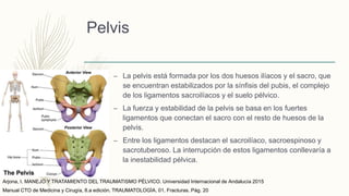 Pelvis
– La pelvis está formada por los dos huesos ilíacos y el sacro, que
se encuentran estabilizados por la sínfisis del pubis, el complejo
de los ligamentos sacroilíacos y el suelo pélvico.
– La fuerza y estabilidad de la pelvis se basa en los fuertes
ligamentos que conectan el sacro con el resto de huesos de la
pelvis.
– Entre los ligamentos destacan el sacroilíaco, sacroespinoso y
sacrotuberoso. La interrupción de estos ligamentos conllevaría a
la inestabilidad pélvica.
Manual CTO de Medicina y Cirugía, 8.a edición. TRAUMATOLOGÍA. 01. Fracturas. Pág. 20
Arjona, I. MANEJO Y TRATAMIENTO DEL TRAUMATISMO PÉLVICO. Universidad Internacional de Andalucía 2015
 