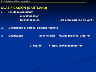 Fx Supracondíleas en niños CLASIFICACIÓN (GARTLAND) Sin desplazamiento a) s/ impacción b) c/ impacción !!ojo angulaciones en varo!! Desplazada c/ cortical posterior intacta Desplazada  a) extensión  Fragm. proximal anterior   b) flexión Fragm. proximal posterior 