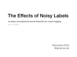 The Effects of Noisy Labels
Keunwoo.Choi

@qmul.ac.uk
on deep convolutional neural networks for music tagging
arXiv:1706.02361
 