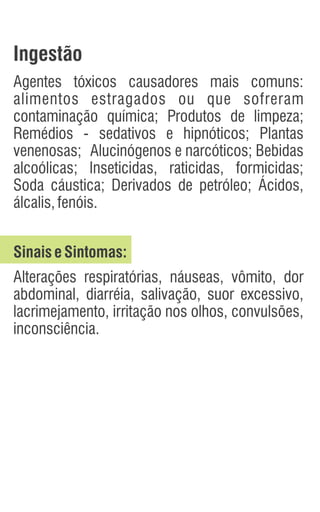 Ingestão
Agentes tóxicos causadores mais comuns:
alimentos estragados ou que sofreram
contaminação química; Produtos de limpeza;
Remédios - sedativos e hipnóticos; Plantas
venenosas; Alucinógenos e narcóticos; Bebidas
alcoólicas; Inseticidas, raticidas, formicidas;
Soda cáustica; Derivados de petróleo; Ácidos,
álcalis,fenóis.
SinaiseSintomas:
Alterações respiratórias, náuseas, vômito, dor
abdominal, diarréia, salivação, suor excessivo,
lacrimejamento, irritação nos olhos, convulsões,
inconsciência.
 