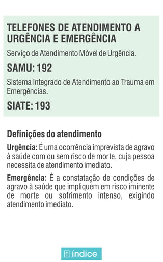 TELEFONES DE ATENDIMENTO A
URGÊNCIA E EMERGÊNCIA
ServiçodeAtendimentoMóveldeUrgência.
SAMU: 192
Sistema Integrado de Atendimento ao Trauma em
Emergências.
SIATE: 193
Definiçõesdoatendimento
Urgência: É uma ocorrência imprevista de agravo
à saúde com ou sem risco de morte, cuja pessoa
necessitadeatendimentoimediato.
Emergência: É a constatação de condições de
agravo à saúde que impliquem em risco iminente
de morte ou sofrimento intenso, exigindo
atendimentoimediato.
índice
 