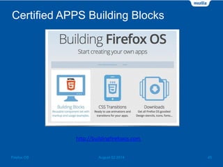 Certified APPS Building Blocks
August 02 2014 45Firefox OS
http://buildingfirefoxos.com
 