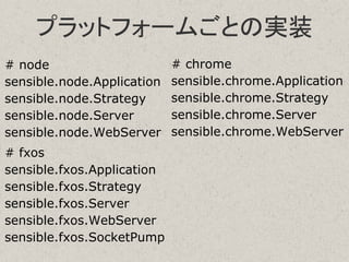 プラットフォームごとの実装
# node
sensible.node.Application
sensible.node.Strategy
sensible.node.Server
sensible.node.WebServer
# fxos
sensible.fxos.Application
sensible.fxos.Strategy
sensible.fxos.Server
sensible.fxos.WebServer
sensible.fxos.SocketPump
# chrome
sensible.chrome.Application
sensible.chrome.Strategy
sensible.chrome.Server
sensible.chrome.WebServer
 