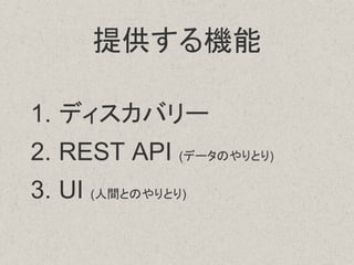 提供する機能
1. ディスカバリー
2. REST API (データのやりとり)
3. UI (人間とのやりとり)
 