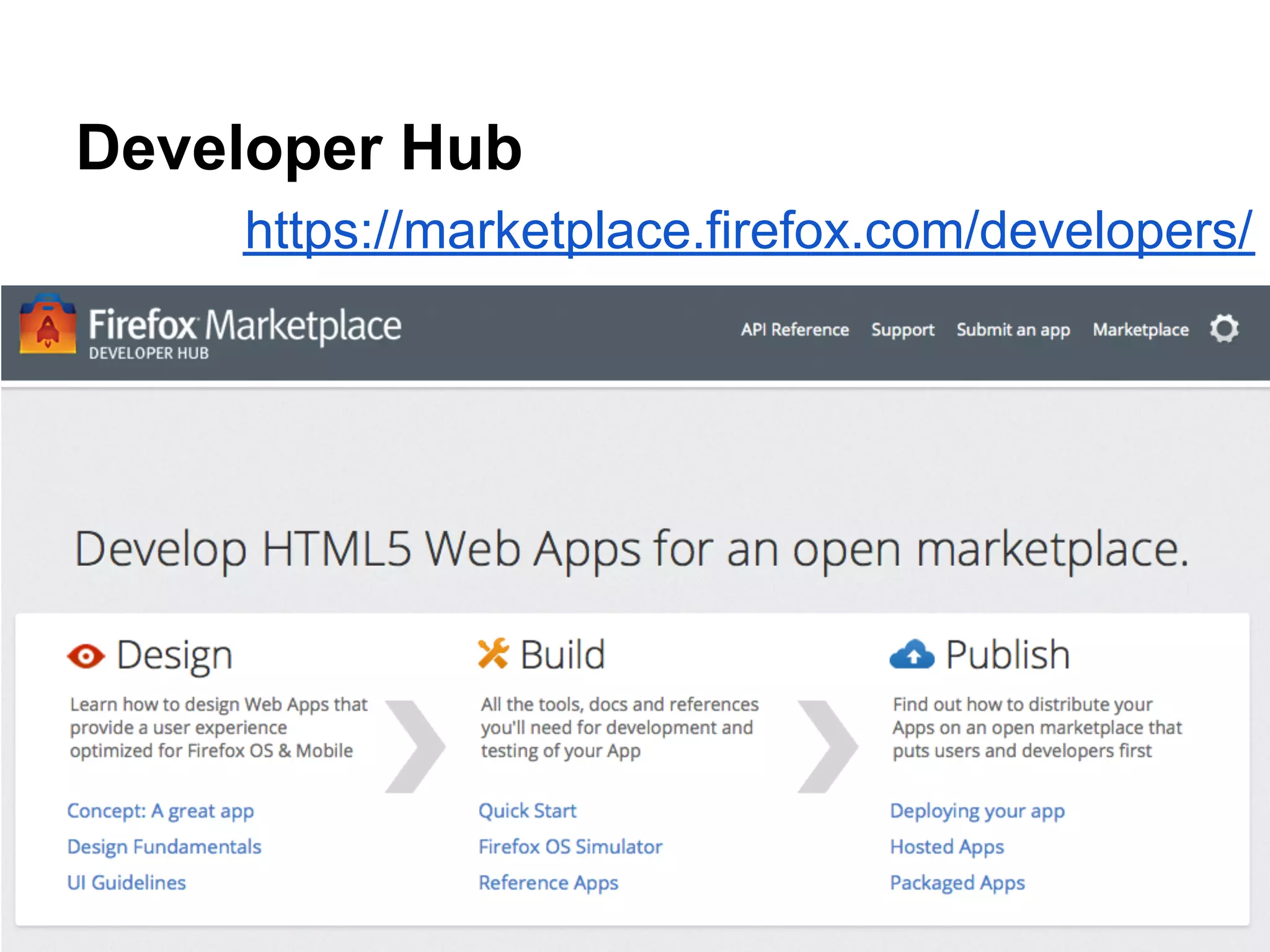 Developer Hub
    https://marketplace.firefox.com/developers/
 