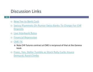 Discussion 
Links 
¨ New 
Fee 
to 
Bank 
Cash 
¨ Swissy 
Plummets 
On 
Rumor 
Swiss 
Banks 
To 
Charge 
For 
CHF 
Deposits 
¨ Live 
Interbank 
Rates 
¨ Financial 
Repression 
¨ CME 
FX 
¤ Note 
CHF 
futures 
contract 
at 
CME 
is 
reciprocal 
of 
that 
at 
the 
Geneva 
kiosk 
¨ Franc, 
Yen, 
Dollar 
Tumble 
as 
Stock 
Rally 
Curbs 
Haven 
Demand; 
Rand 
Climbs 
35 
 