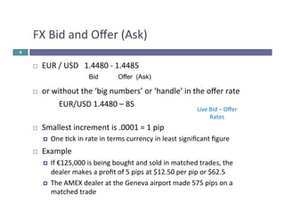 FX 
Bid 
and 
Offer 
(Ask) 
¨ EUR 
/ 
USD 
1.4480 
-­‐ 
1.4485 
¨ or 
without 
the 
‘big 
numbers’ 
or 
‘handle’ 
in 
the 
offer 
rate 
EUR/USD 
1.4480 
– 
85 
¨ Smallest 
increment 
is 
.0001 
= 
1 
pip 
¤ One 
ck 
in 
rate 
in 
terms 
currency 
in 
least 
significant 
figure 
¨ Example 
¤ If 
€125,000 
is 
being 
bought 
and 
sold 
in 
matched 
trades, 
the 
dealer 
makes 
a 
profit 
of 
5 
pips 
at 
$12.50 
per 
pip 
or 
$62.5 
¤ The 
AMEX 
dealer 
at 
the 
Geneva 
airport 
made 
575 
pips 
on 
a 
matched 
trade 
8 
Bid Offer (Ask) 
Live 
Bid 
– 
Offer 
Rates 
 