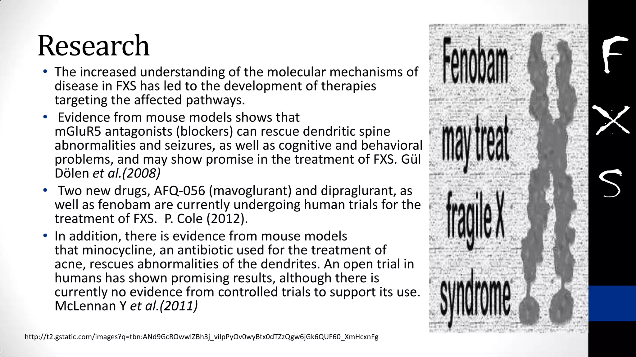 Research
• The increased understanding of the molecular mechanisms of
disease in FXS has led to the development of therapies
targeting the affected pathways.
• Evidence from mouse models shows that
mGluR5 antagonists (blockers) can rescue dendritic spine
abnormalities and seizures, as well as cognitive and behavioral
problems, and may show promise in the treatment of FXS. Gül
Dölen et al.(2008)
• Two new drugs, AFQ-056 (mavoglurant) and dipraglurant, as
well as fenobam are currently undergoing human trials for the
treatment of FXS. P. Cole (2012).
• In addition, there is evidence from mouse models
that minocycline, an antibiotic used for the treatment of
acne, rescues abnormalities of the dendrites. An open trial in
humans has shown promising results, although there is
currently no evidence from controlled trials to support its use.
McLennan Y et al.(2011)
http://t2.gstatic.com/images?q=tbn:ANd9GcROwwIZBh3j_vilpPyOv0wyBtx0dTZzQgw6jGk6QUF60_XmHcxnFg
 
