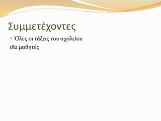 Συμμετέχοντες
 Όλες οι τάξεις του σχολείου
182 μαθητές
 