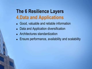 The 6 Resilience Layers
4.Data and Applications





Good, valuable and reliable information
Data and Application diversification
Architectures standardization
Ensure performance, availability and scalability

 