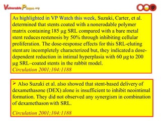 As highlighted in VP Watch this week, Suzuki, Carter, et al.
determined that stents coated with a nonerodable polymer
matrix containing 185 µg SRL compared with a bare metal
stent reduces restenosis by 50% through inhibiting cellular
proliferation. The dose-response effects for this SRL-eluting
stent are incompletely characterized but, they indicated a dose-
dependent reduction in intimal hyperplasia with 60 µg to 200
µg SRL–coated stents in the rabbit model.
Circulation 2001;104:1188
 Also Suzuki et al. also showed that stent-based delivery of
dexamethasone (DEX) alone is insufficient to inhibit neointimal
formation. They did not observed any synergism in combination
of dexamethasonwith SRL.
Circulation 2001;104:1188
 