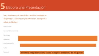 Elabora una Presentación
Lee y sintetiza uno de los artículos científicos invetigado en
el apartado 4 y elabora una presentación en powerpoint y
súbela al slideshare
Redes sociales
Sociedad del conocimiento
Semiologia
ExaLearnig
Libros electrónicos
Twitter
Facebook
Renombra esta presentación y súbela al dropbox a la carpeta del 1er. parcial
 