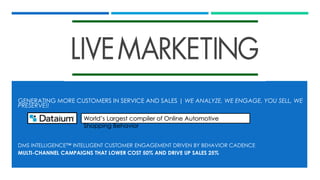 GENERATING MORE CUSTOMERS IN SERVICE AND SALES | WE ANALYZE, WE ENGAGE, YOU SELL, WE 
PRESERVE!! 
World’s Largest compiler of Online Automotive 
Shopping Behavior 
DMS INTELLIGENCE™ INTELLIGENT CUSTOMER ENGAGEMENT DRIVEN BY BEHAVIOR CADENCE 
MULTI-CHANNEL CAMPAIGNS THAT LOWER COST 50% AND DRIVE UP SALES 25% 
 