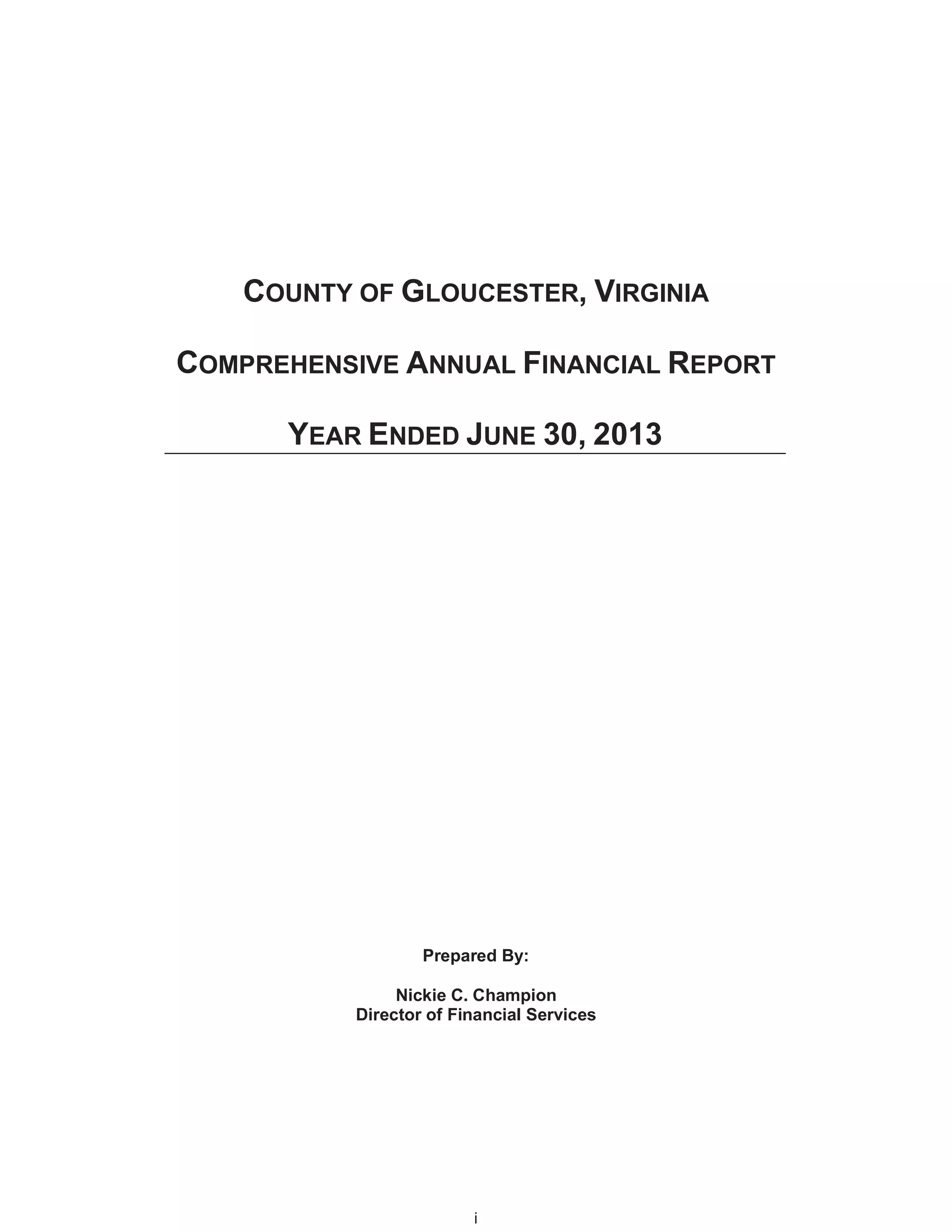 Gloucester, VA, Fy 2013 comprehensive annual financial report