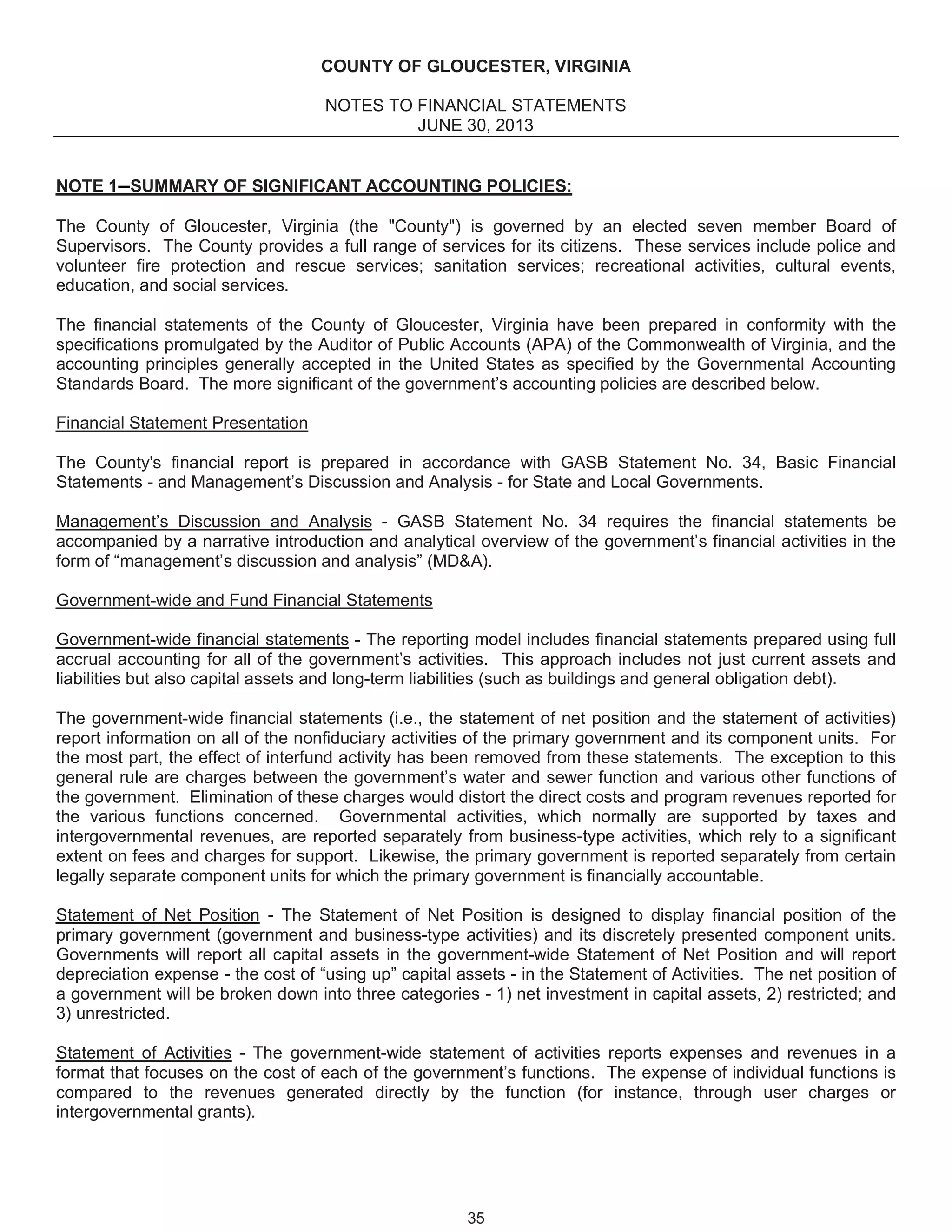 Gloucester, VA, Fy 2013 comprehensive annual financial report