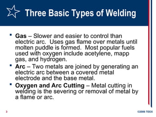 3 ©2006 TEEX
Three Basic Types of Welding
 Gas – Slower and easier to control than
electric arc. Uses gas flame over metals until
molten puddle is formed. Most popular fuels
used with oxygen include acetylene, mapp
gas, and hydrogen.
 Arc – Two metals are joined by generating an
electric arc between a covered metal
electrode and the base metal.
 Oxygen and Arc Cutting – Metal cutting in
welding is the severing or removal of metal by
a flame or arc.
 