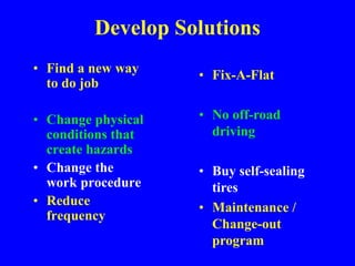 Develop Solutions
• Find a new way
to do job
• Change physical
conditions that
create hazards
• Change the
work procedure
• Reduce
frequency
• Fix-A-Flat
• No off-road
driving
• Buy self-sealing
tires
• Maintenance /
Change-out
program
 