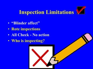 Inspection Limitations
• “Blinder affect”
• Rote inspections
• All Check - No action
• Who is inspecting?
 