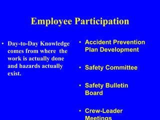 Employee Participation
• Accident Prevention
Plan Development
• Safety Committee
• Safety Bulletin
Board
• Crew-Leader
• Day-to-Day Knowledge
comes from where the
work is actually done
and hazards actually
exist.
 