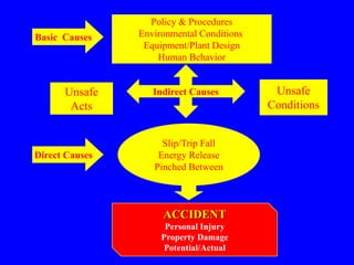 Policy & Procedures
Environmental Conditions
Equipment/Plant Design
Human Behavior
Slip/Trip Fall
Energy Release
Pinched Between
Indirect Causes
Direct Causes
ACCIDENT
Personal Injury
Property Damage
Potential/Actual
Basic Causes
Unsafe
Acts
Unsafe
Conditions
 
