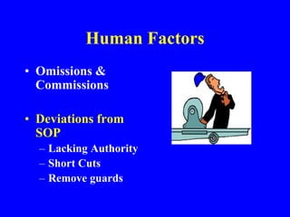 Human Factors
• Omissions &
Commissions
• Deviations from
SOP
– Lacking Authority
– Short Cuts
– Remove guards
 