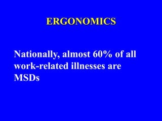 ERGONOMICS
Nationally, almost 60% of all
work-related illnesses are
MSDs
 