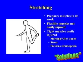 Stretching
• Prepares muscles to do
work
• Flexible muscles not
easily injured
• Tight muscles easily
injured
– Morning/After Lunch
– Stress
– Previous strain/sprain
 