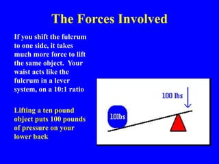 The Forces Involved
If you shift the fulcrum
to one side, it takes
much more force to lift
the same object. Your
waist acts like the
fulcrum in a lever
system, on a 10:1 ratio
Lifting a ten pound
object puts 100 pounds
of pressure on your
lower back
 