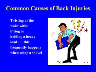 Common Causes of Back Injuries
Twisting at the
waist while
lifting or
holding a heavy
load . . . this
frequently happens
when using a shovel.
 