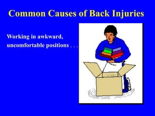 Common Causes of Back Injuries
Working in awkward,
uncomfortable positions . . .
 