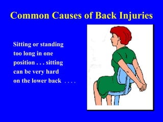 Common Causes of Back Injuries
Sitting or standing
too long in one
position . . . sitting
can be very hard
on the lower back . . . .
 