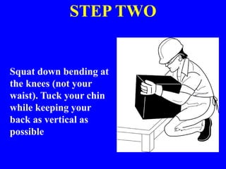 STEP TWO
Squat down bending at
the knees (not your
waist). Tuck your chin
while keeping your
back as vertical as
possible
 